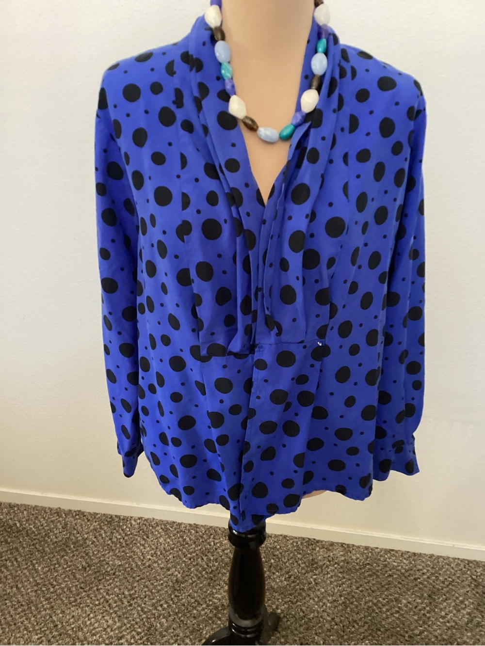 Royal Blue Polka Dot V-Neck Blouse
